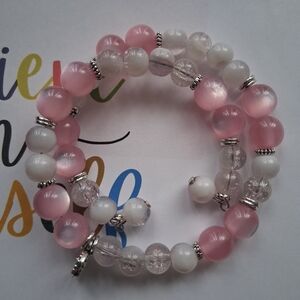 Pink & White Beaded Wrap Memory Wire Bracelet